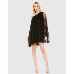 Black One Shoulder Tulle Sparkle Party Dress Beaded Embellished‎ Mini size 0